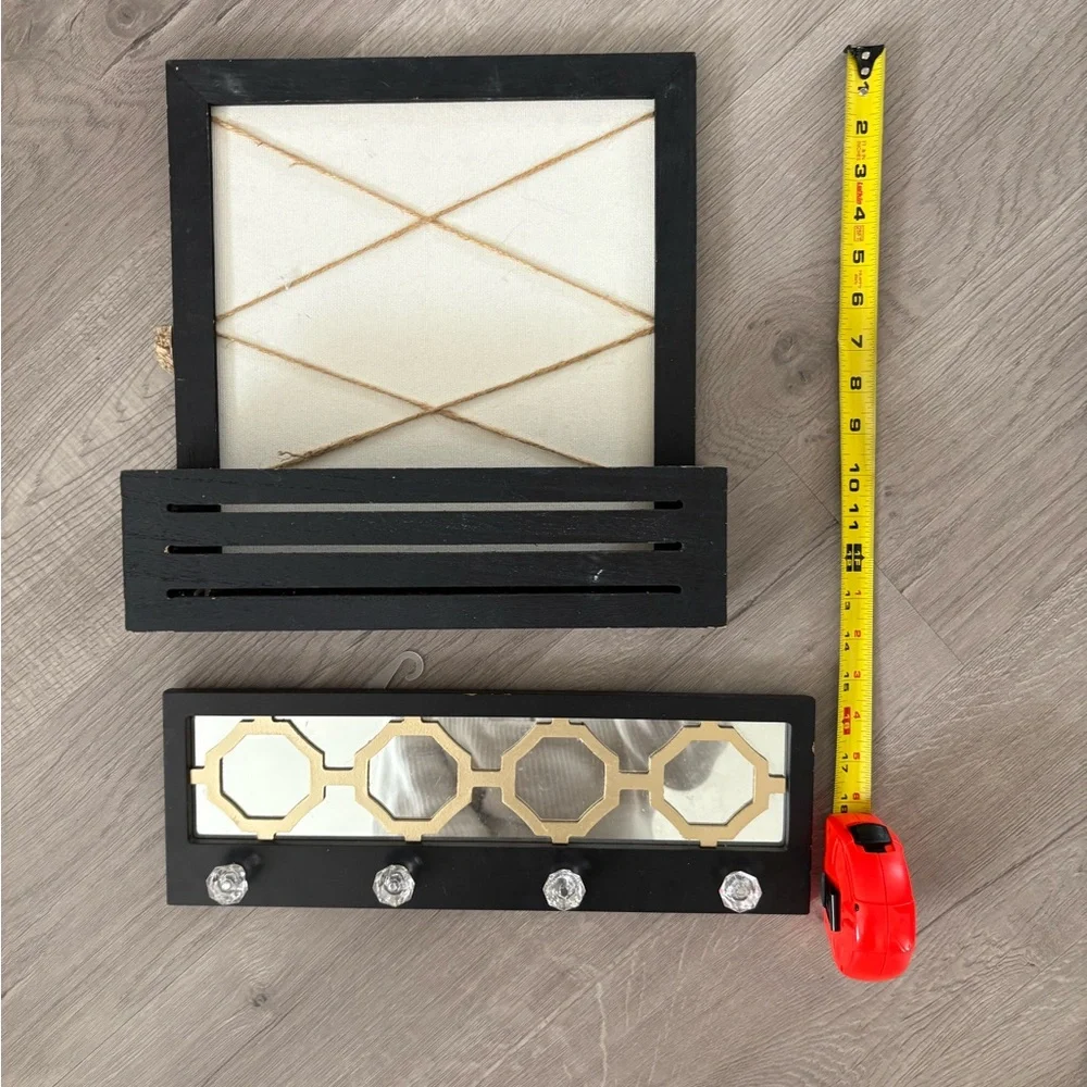 🏡 Black Wall Hook Organizer with Gold Accent Mirror and Crystal Knobs